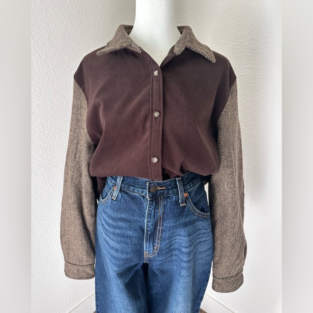 Vintage Talbots Chocolate Brown Button-Up Shirt with Wool Herringbone Details